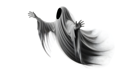 Ghostly figure floats, arms outstretched, evoking mystery and Halloween spirit