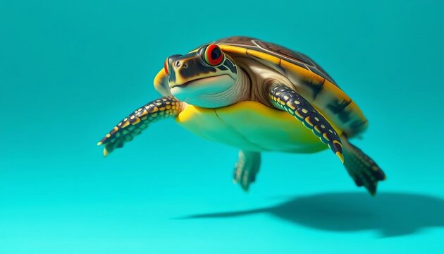 Smiling red-eared slider turtle levitates, casting a defined shadow on a teal background,  magic,  humorous