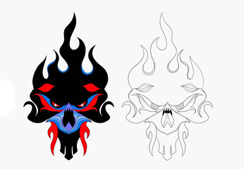 Two stylized skull illustrations with flame-like details, one a bold black silhouette with red, blue, and white accents, and the other a clean white outline.