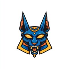 Obraz premium Stylized, colorful illustration of an Egyptian god with feline features, fierce expression, on white