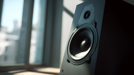 Black Rectangular Speaker on Wooden Surface Near Window