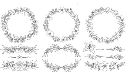 Obraz premium Collection of floral frames with silhouettes of branches, leaves and flowers. Hand drawn elegant delicate botanical borders and wreaths. Vector isolated elements for wedding invitation, card, logo
