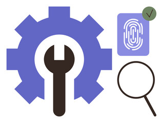 Gear with wrench at center, fingerprint ID, and magnifying glass signify digital tools, troubleshooting, security verification. Ideal for cybersecurity, software optimization, repair, authentication