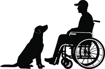 silhouette man in wheelchair with service dog, disability support, assistance animal, companionship, mobility aid, therapy pet, rehabilitation, care, independence, trust