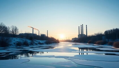 Obraz premium Frozen river reflects industrial smokestacks under clear winter sky, urban, frigid