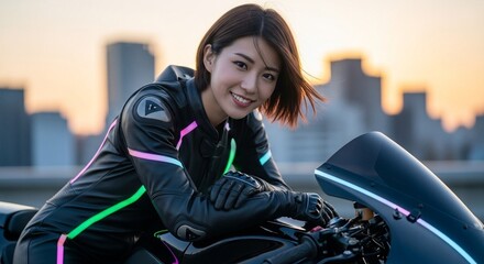ネオンカラーに輝くバイクスーツと日本人女性