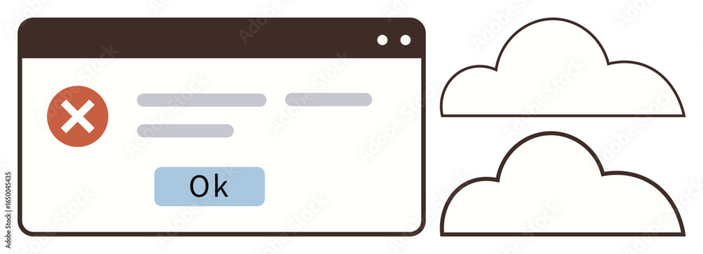 Poster error message pop-up with an ok button and two outlined cloud shapes. ideal for system failure, clou