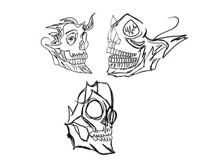 Collection of Three Sketchy Skull Illustrations with Unique and Stylized Features, Hand-Drawn Line Art for Tattoo Concepts, Grunge Graphics, Alternative Fashion Designs, and Macabre Themes on a Clean 