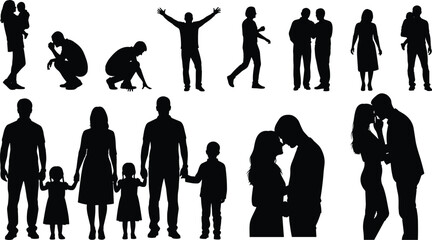 Silhouette of people, family, couple, children, parent and child, romantic moments, walking, hugging, playing, lifestyle poses, emotional connection illustration