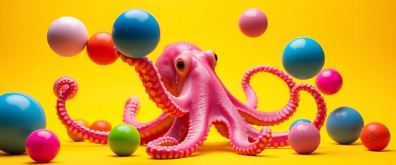 Pink octopus juggling colorful balls on yellow background,  yellow,  cheerful