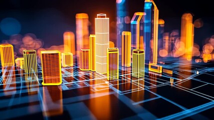 Glowing digital cityscape placed with orange blue buildings over grid lines for evoking modern technology urban planning futuristic background website design marketing concept - Powered by Adobe