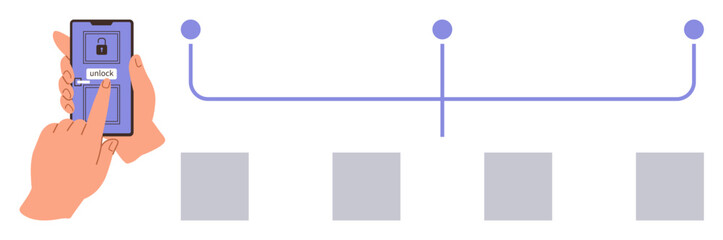 Smartphone with unlock screen tapped by finger, connected nodes, secure access, and data synchronization. Ideal for cybersecurity, technology, authentication, connections, data flow digital access