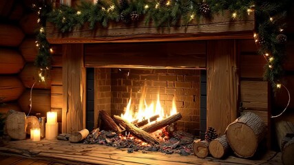 Yule log burning in warm fireplace concept. Cozy ambiance with flickering flames and decorated mantel, evoking festive spirit. - Powered by Adobe