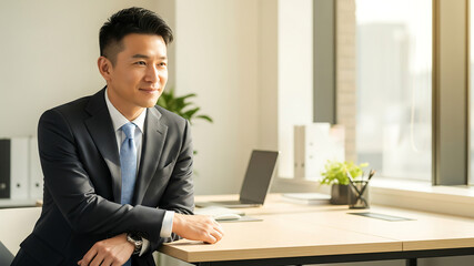 Confident Asian Businessman in Modern Office Looking out Window