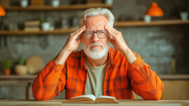 Senior man with white hair and beard wearing glasses and orange plaid shirt showing stress and headache while seated at table with open book in cozy home setting - Powered by Adobe