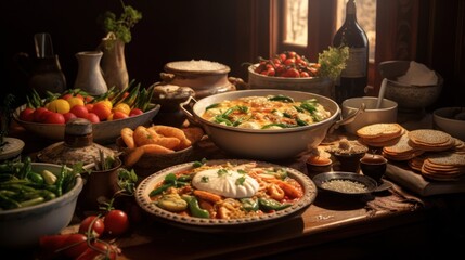 Fototapeta premium a lush and vibrant display of traditional Mexican cuisine, featuring an array of mouthwatering dishes such as tacos, enchiladas, guacamole, salsa, and an assortment of fresh vegetables and fruits, all