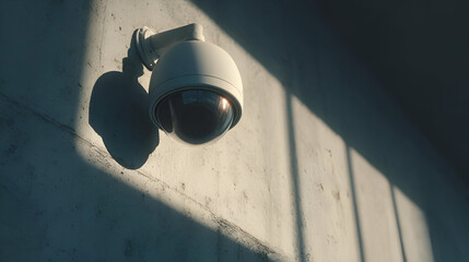 White Dome Security Camera on Concrete Wall with Shadow and Light