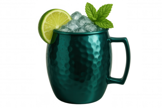 Frosty mojito cocktail chilling in hammered copper mug, garnished with lime wedge and mint sprig, resting against clean white backdrop