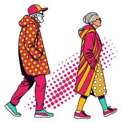Elderly couple walking in colorful polka dot outfits
