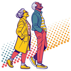 Elderly couple looking up with colorful dots pop art