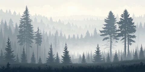 Fototapeta premium Misty forest landscape with tall evergreen trees