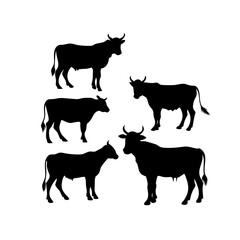 Silhouette of Bovine Life: A set of five elegant black silhouettes of cattle, presenting the essence of domestic livestock in various poses, capturing the rural essence. See Less