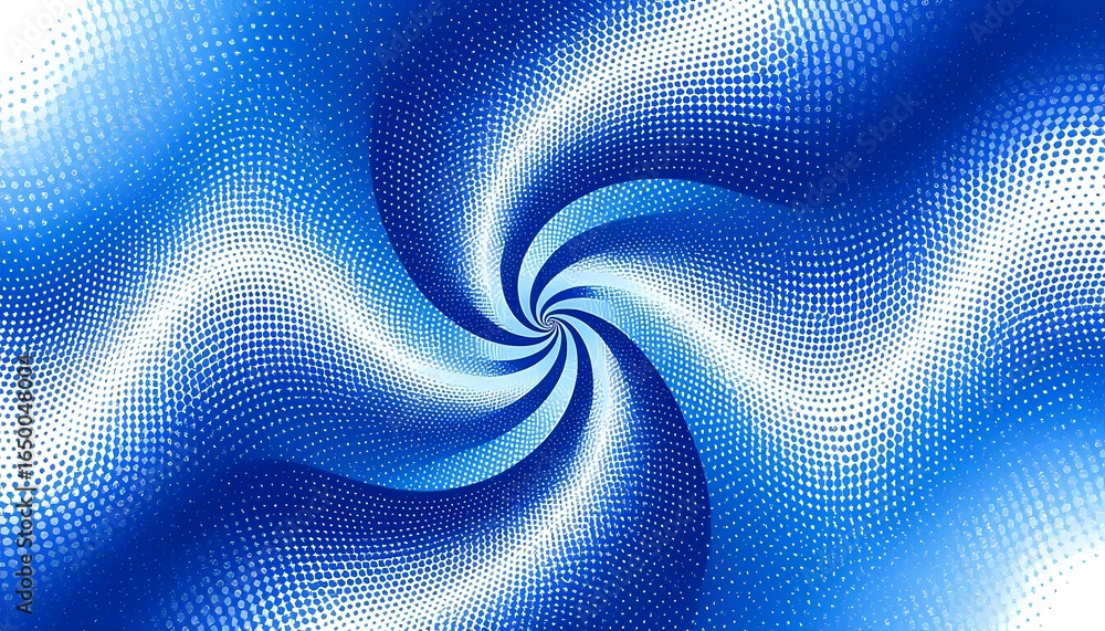 Poster abstract spiral pattern of blue and white dots with depth, motion, and dynamic visual energy