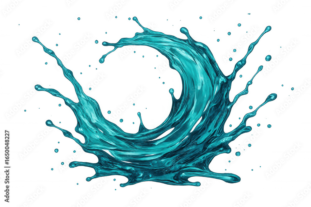 Poster turquoise water splashing dynamically, forming circular droplet pattern with transparent luminosity 