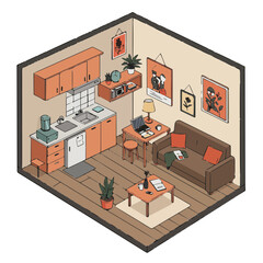 Isometric Living Room and Kitchen Illustration, Cozy Interior Design