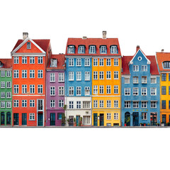 Fototapeta premium Vibrant Facade of a Cityscape: A captivating shot of colorful buildings in a row. Each with a unique charm, windows and doors, with the architecture design in the city.