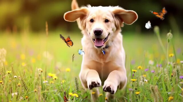Joyful Pup in a Butterfly Wonderland: A playful golden retriever puppy bounds through a sun-dappled meadow, frolicking amongst a flutter of vibrant butterflies.