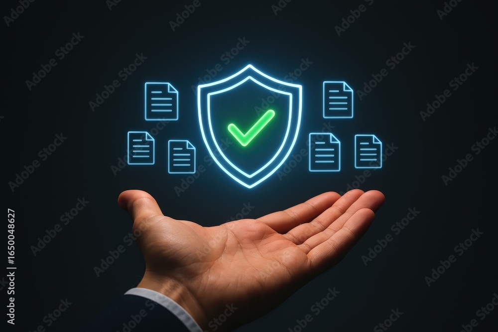 Poster hand holding a glowing shield and documents signifying data security.