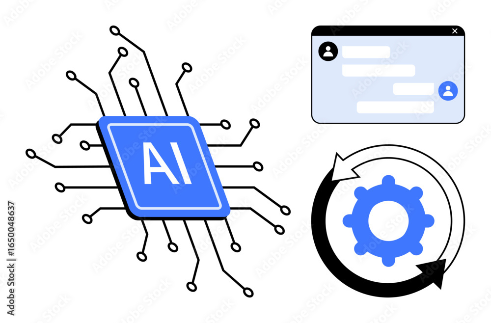 Aufkleber ai chip with circuit lines, user chat interface, and rotating gear icon. ideal for technology, autom