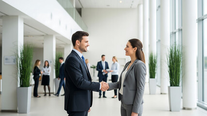 Fototapeta premium Professional Business Handshake in Modern Office Lobby