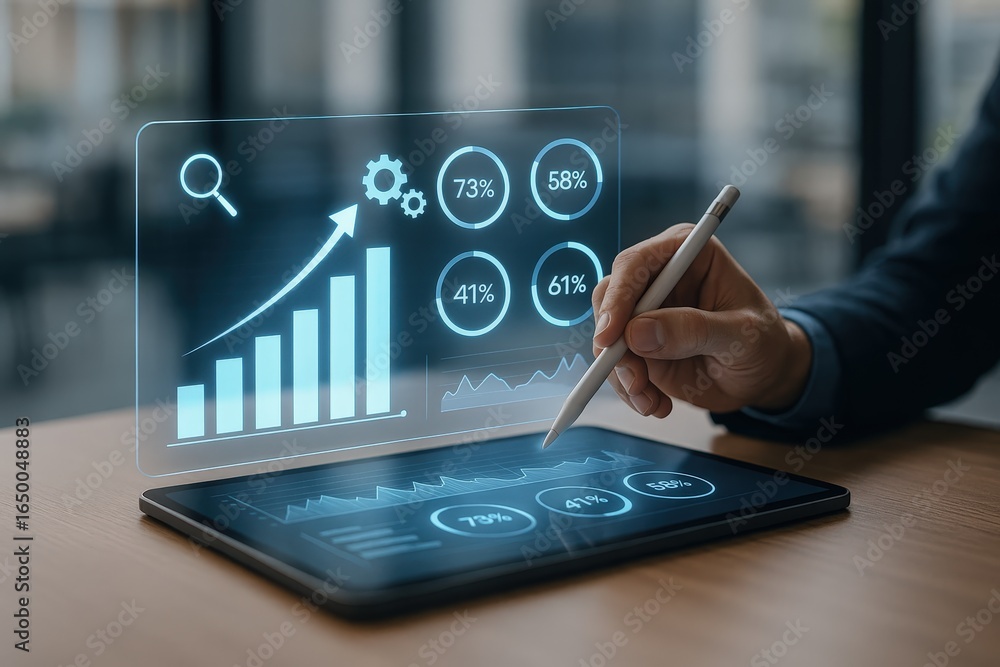 Aufkleber digital tablet with overlayed graphs and data.