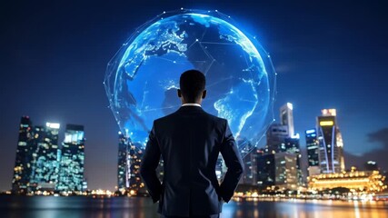 Businessman gazing at global network over cityscape at night with digital transformation. - Powered by Adobe