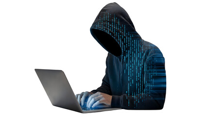 Mysterious hacker using laptop with binary code overlay, digital security threat