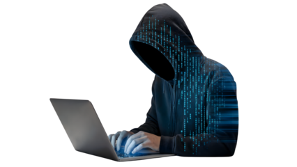 Mysterious hacker using laptop with binary code overlay, digital security threat