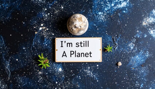 Humorous concept of a demoted dwarf planet with a protest sign reading 'I'm still A Planet' against a cosmic starry background.