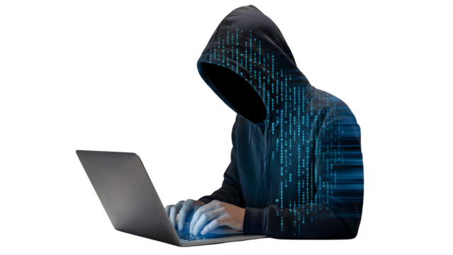 Mysterious hacker using laptop with binary code overlay, digital security threat