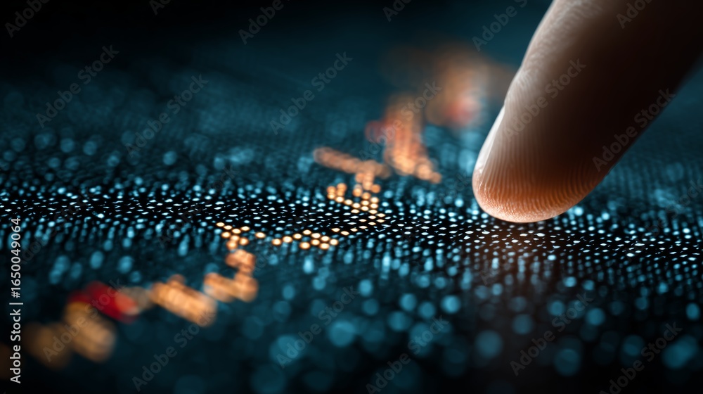 Poster touching digital interface with colorful data visualization. business success.