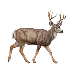 Fototapeta premium Majestic Deer in Stride: This image portrays a majestic deer with impressive antlers in mid-stride, exuding a sense of grace and power against a natural backdrop. 