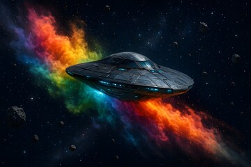Alien spaceship tearing through a nebula