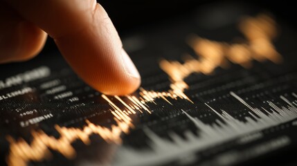 Finger touching a digital graph on a screen displaying data trends. Business success.
