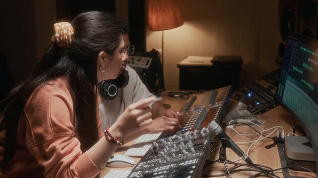 Side view shot of young female artist talking to music producer in recording studio and editing tracks together at audio workstation