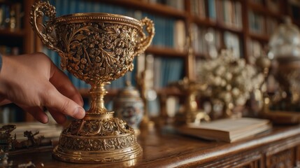 Hand reaching for an ornate trophy on a wooden table. Business success.