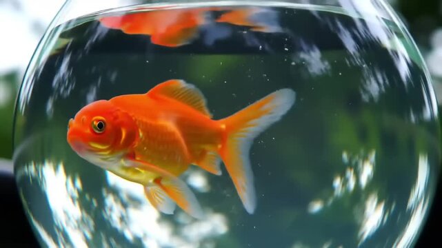 Two gold fish in a round glass bowl