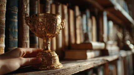 Shiny trophy held in a library with books in the background. Business success.