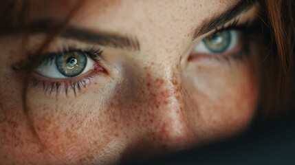 Intense gaze highlighting unique eye features and freckles. Business success.