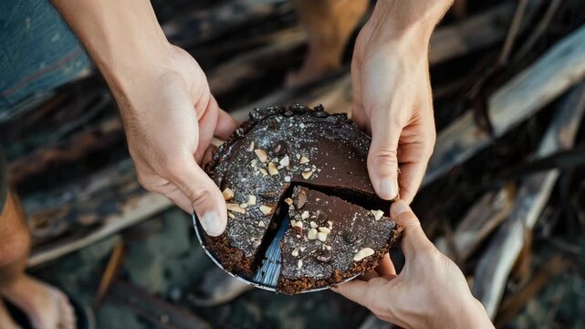 A person holding a piece of chocolate pie. The pie is cut in half